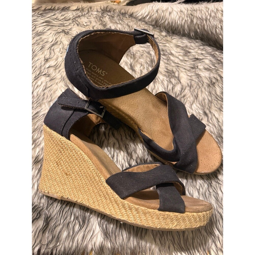 Toms Clarissa Black Canvas Wedge Criss Cross Strap Espadrille - Size W11